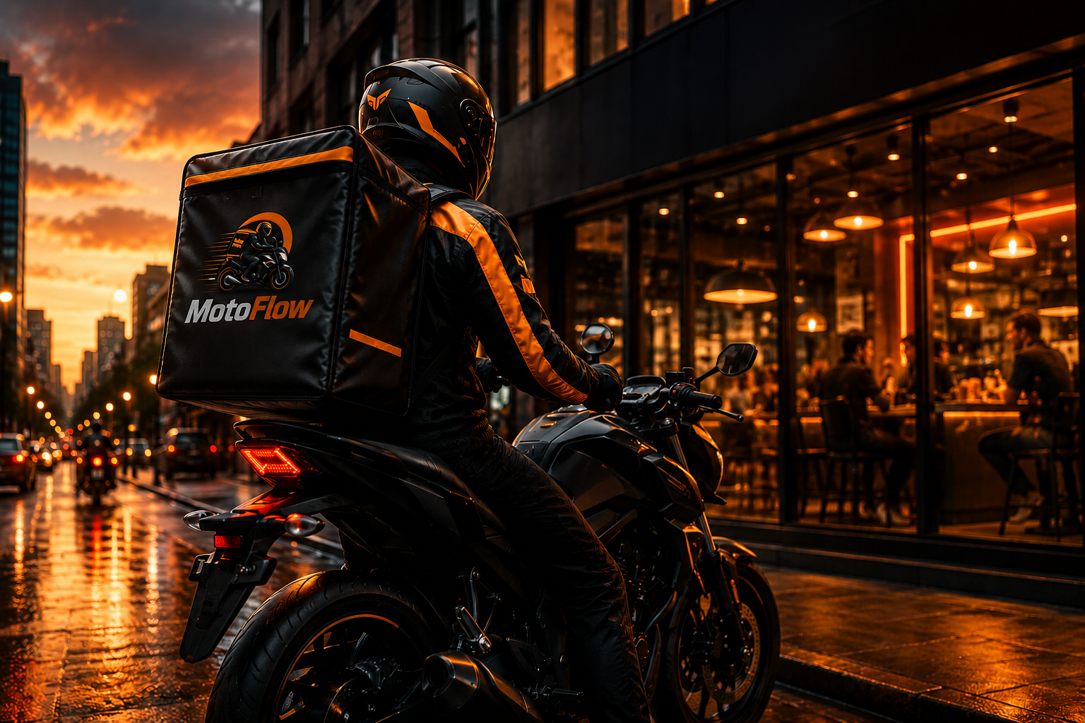 Motoboy MotoFlow em frente a loja